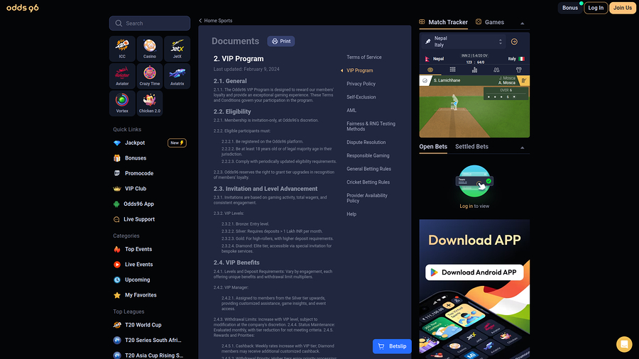 Odds96 Casino Desktop VIP Program