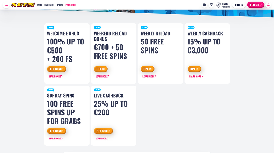 Oh My Spins Casino Desktop Promotions