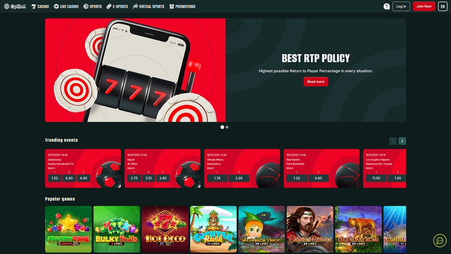 Optibet Casino Desktop Homepage