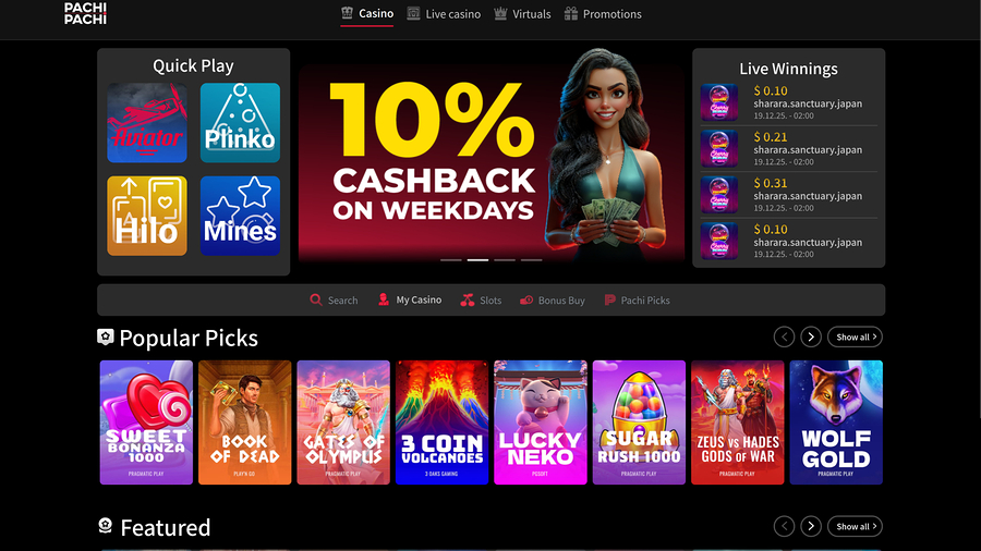 PachiPachi Casino Desktop Homepage