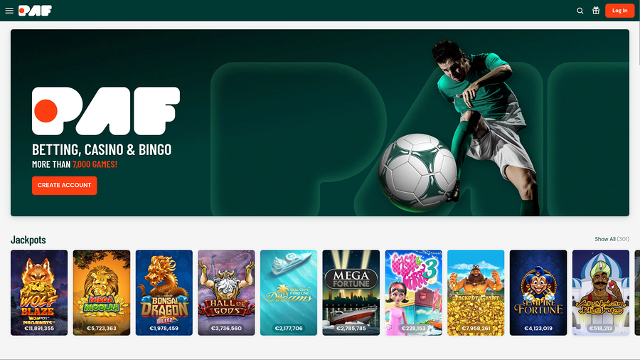 Paf Casinos hemsida för datorer