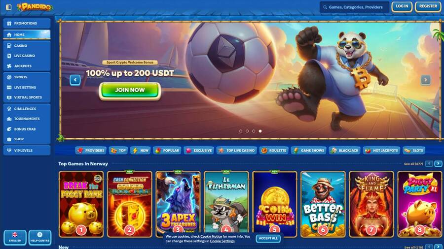 Homepage screenshot of Pandido Casino