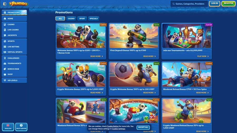Promotions page screenshot of Pandido Casino