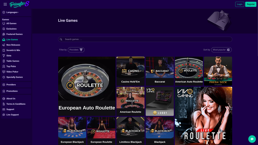 Paradise 8 Casino Desktop Live Dealer