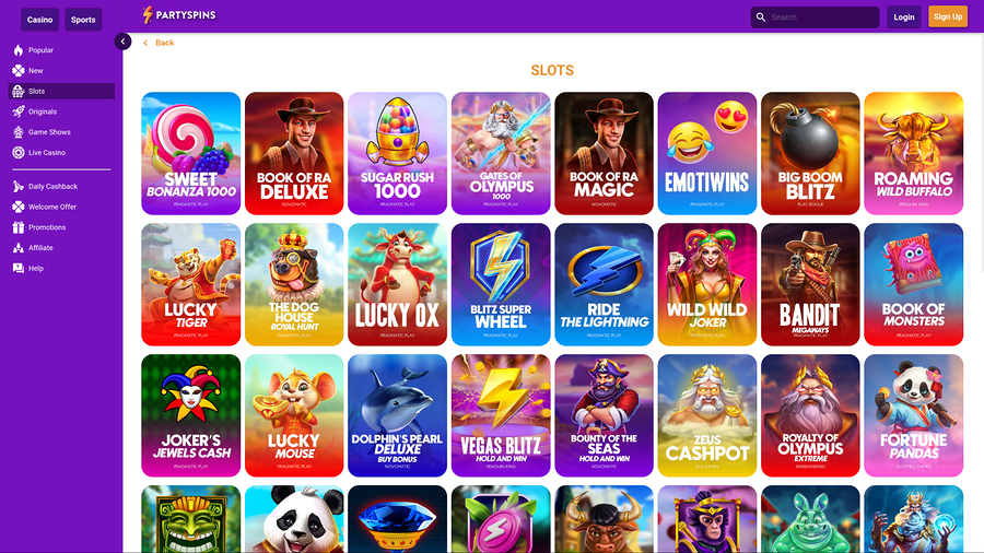 PartySpins Casino Desktop Games