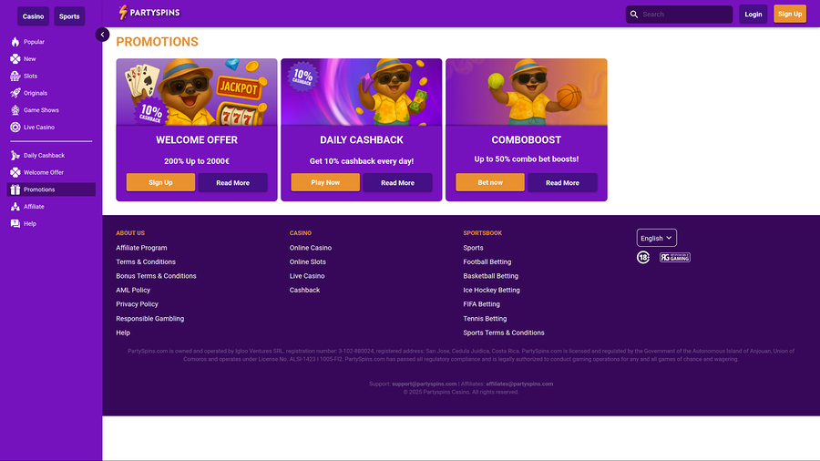 PartySpins Casino Desktop Promotions