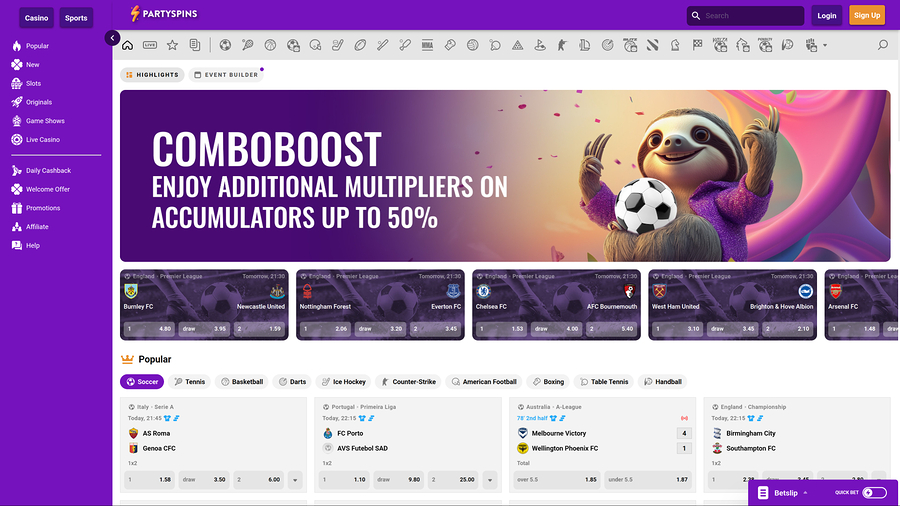 PartySpins Casino Desktop Sports