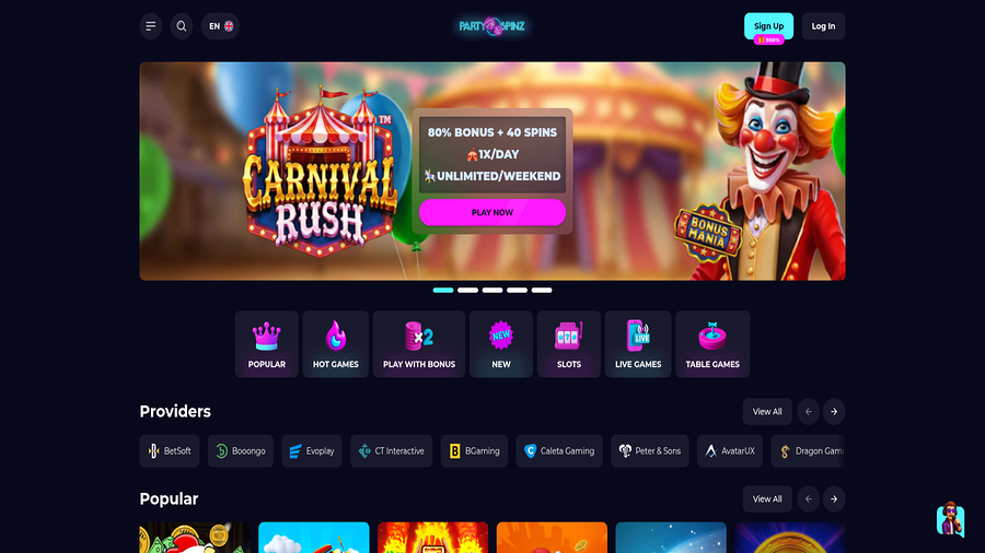 Homepage screenshot of PartySpinz Casino for Desktop