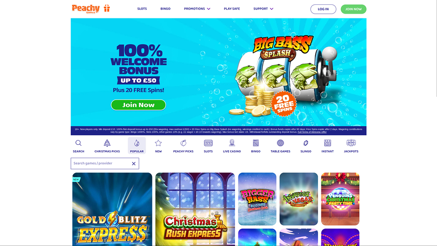PeachyGames Casino Desktop Homepage