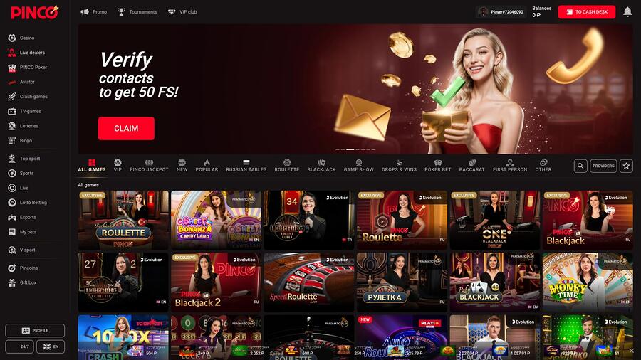 Pinco Casino Live Dealer Desktop