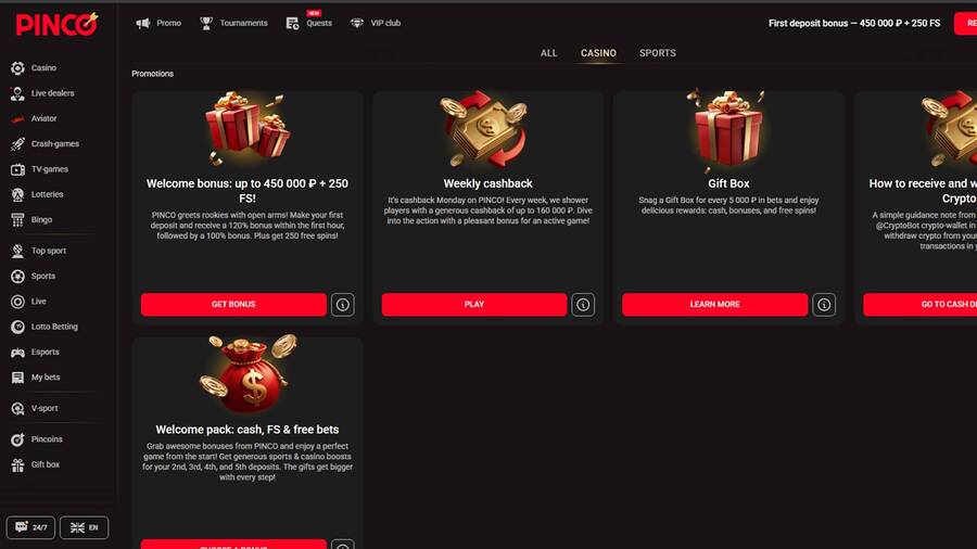 Pinco Casino Promotions Desktop