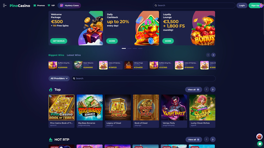 Pino Casino Desktop Homepage