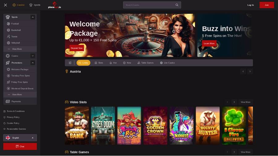 Homepage screenshot of Placebet Casino