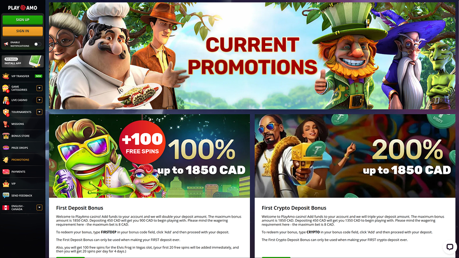 Playamo Casino Desktop Promotions