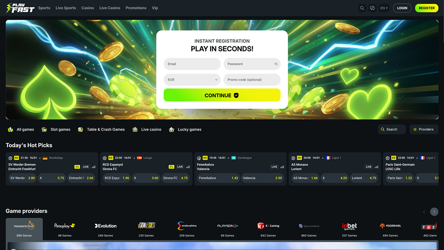 PlayFast Casino Desktop Homepage
