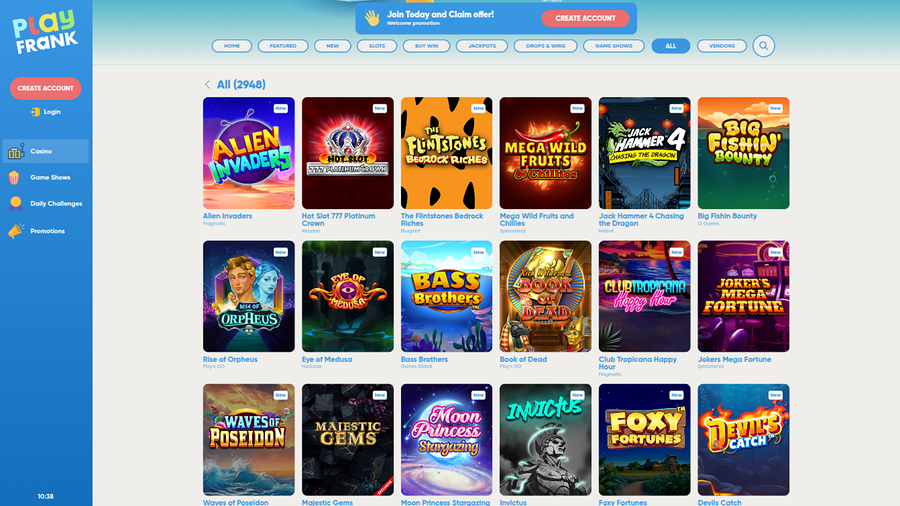 PlayFrank Casino Games Desktop
