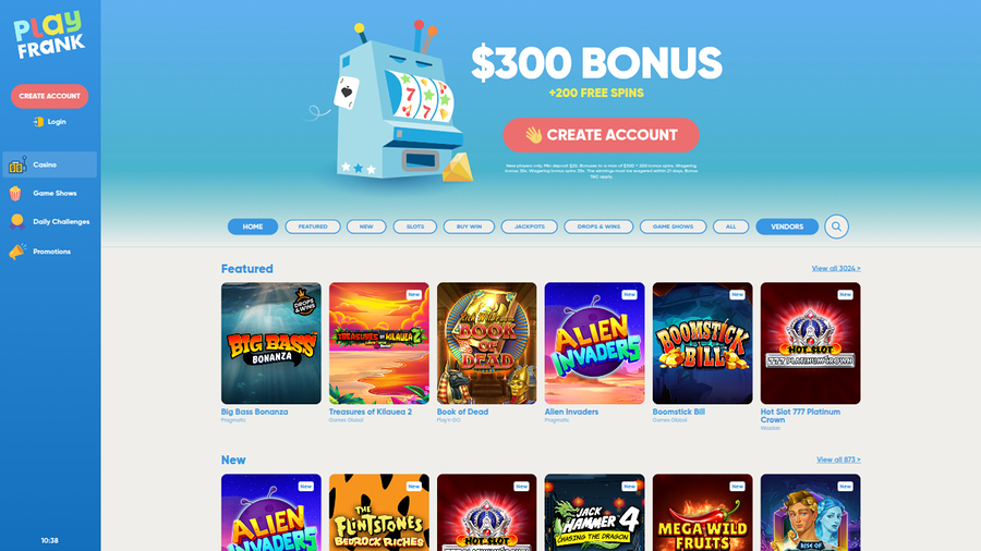 PlayFrank Casino Homepage Desktop