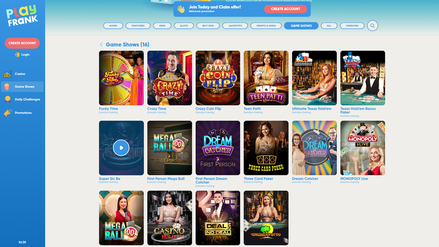 PlayFrank Casino Live Dealers Desktop