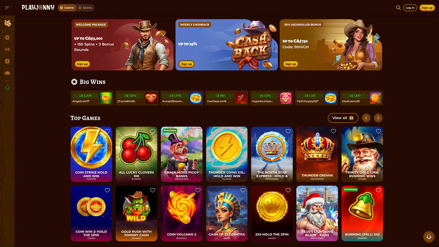 PlayJonny Casino Desktop Homepage