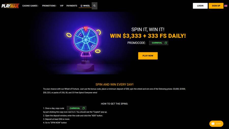Wheel page screenshot of Playmax Casino