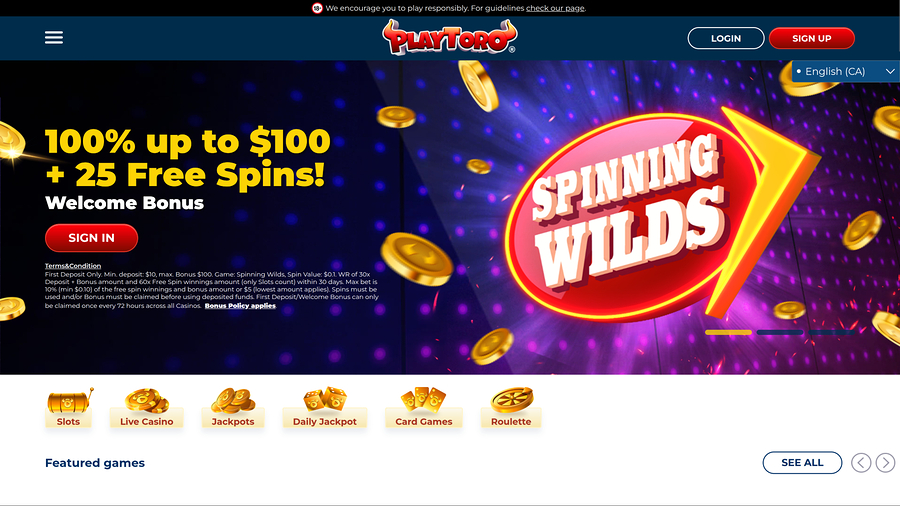 PlayToro Casino Desktop Homepage