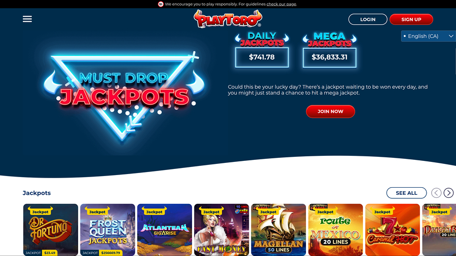 PlayToro Casino Desktop Jackpot
