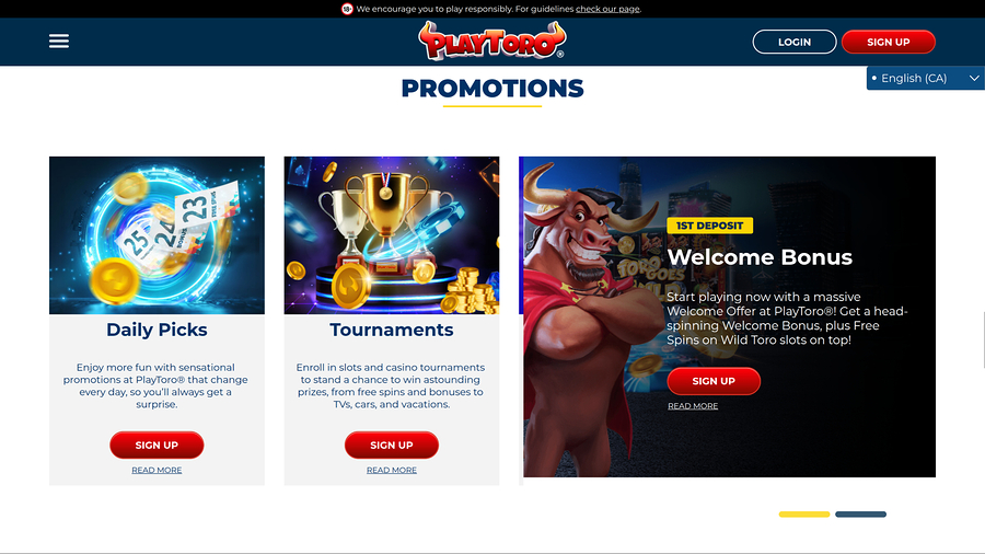 PlayToro Casino Desktop Promotions
