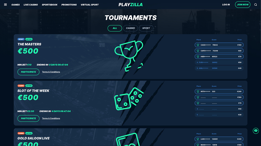 Playzilla Casino Desktop Tournaments