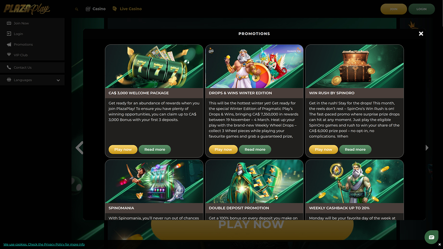 PlazaPlay Casino Desktop Promotions