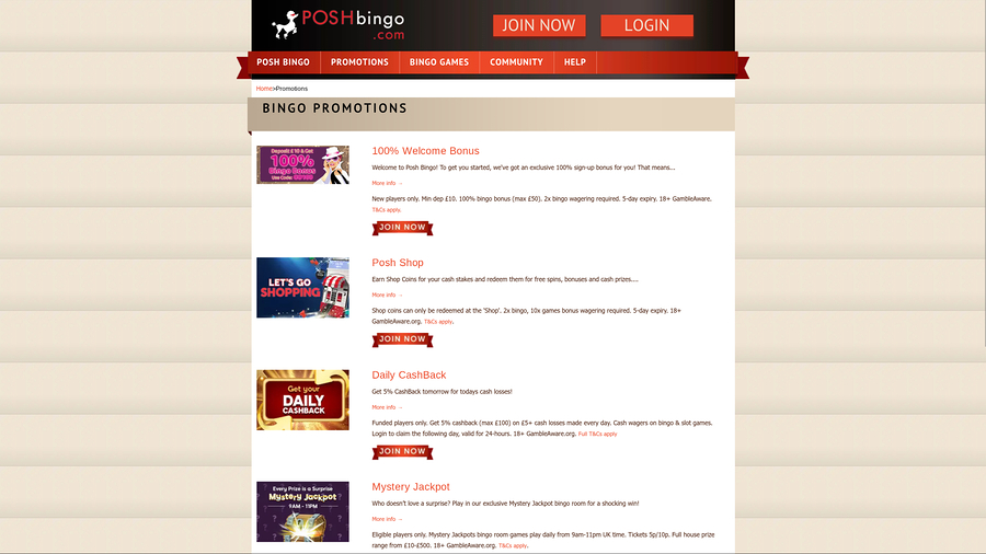 Posh Bingo Desktop Promotions