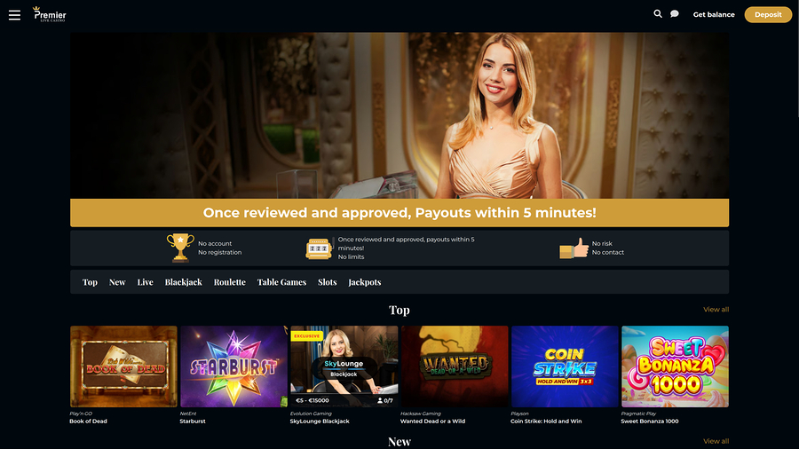 Premier Live Casino-hemsida för datorer