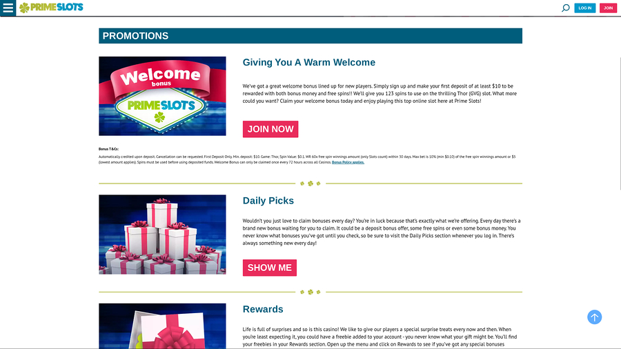 Prime Slots Desktop Promotions