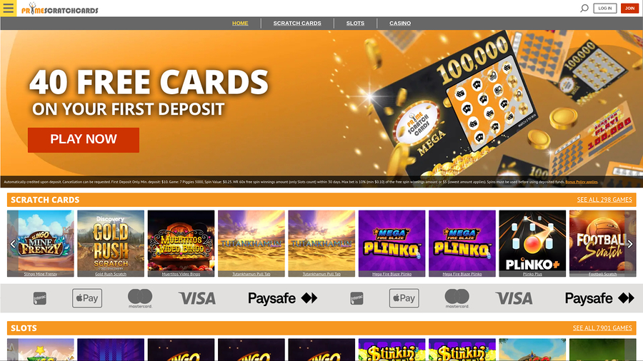 PrimeScratchCards Desktop Homepage