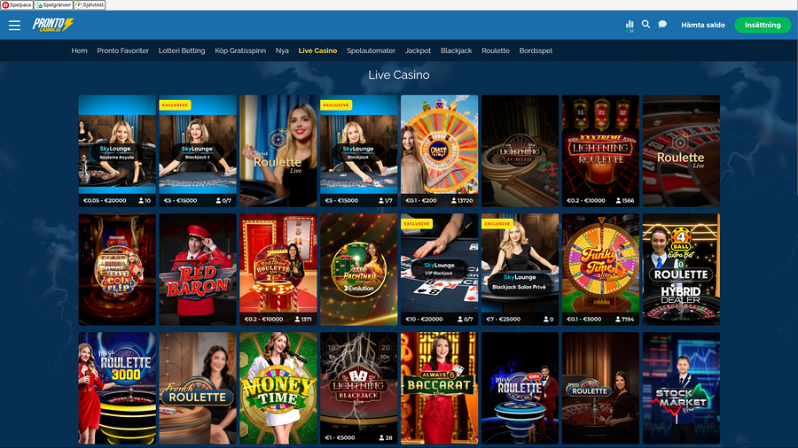 Pronto Casino Desktop Live Dealer