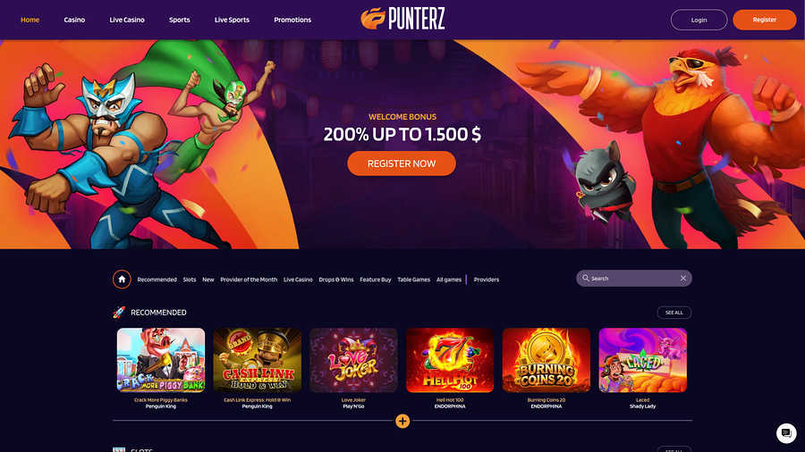 Página de inicio de escritorio del Casino Punterz