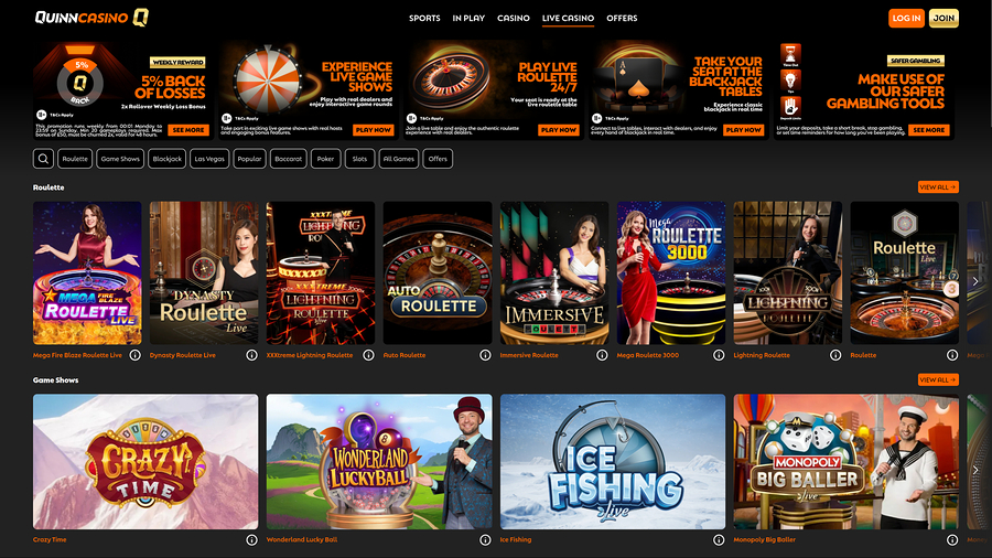 QuinnBet Casino Desktop Live Dealer