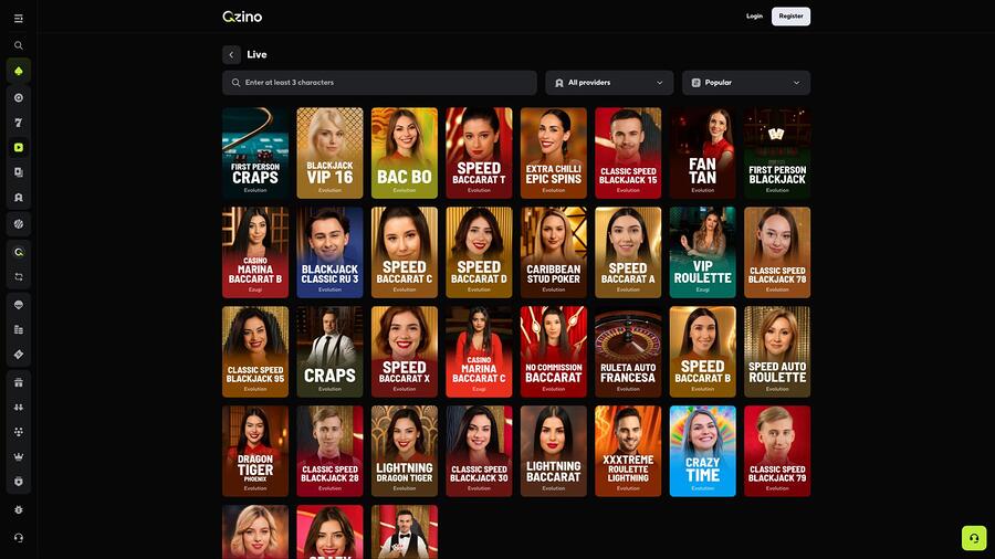 Qzino Casino live dealer page