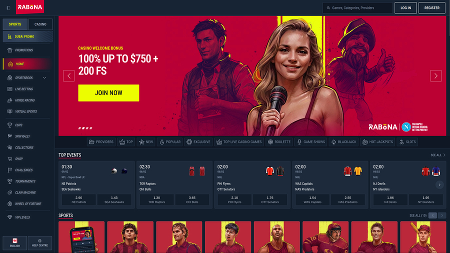Rabona Casino Desktop Homepage