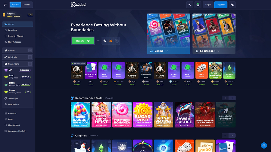 Rainbet Casino Desktop Homepage