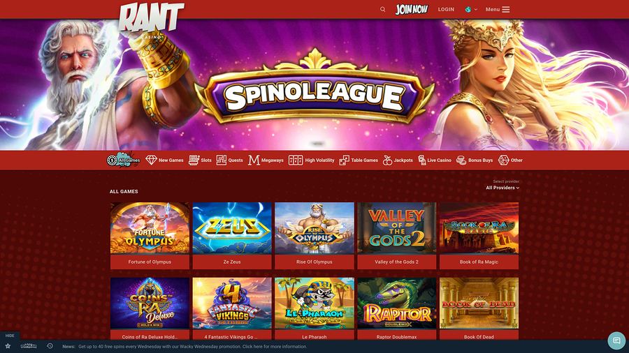 Rant Casino Desktop Homepage