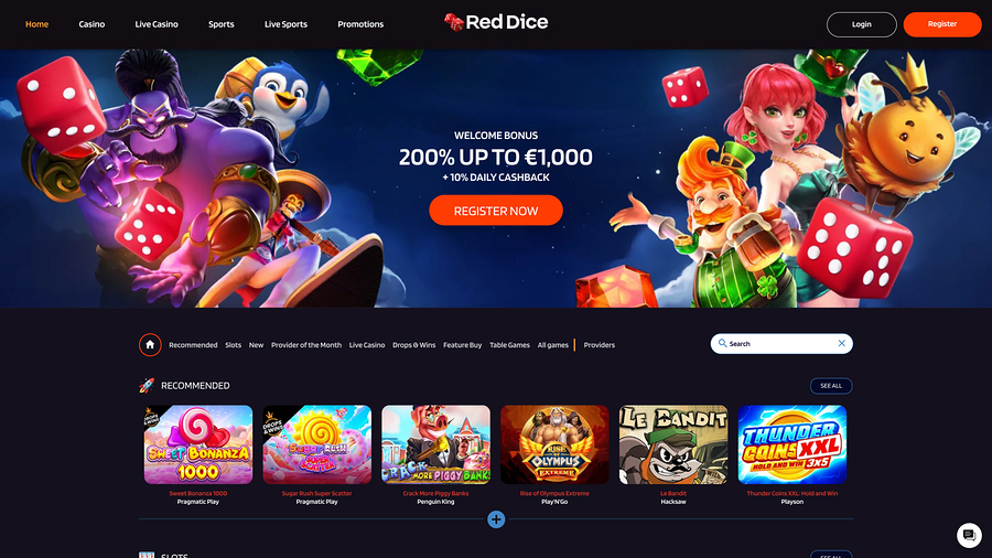 Página de inicio de Red Dice Casino para escritorio
