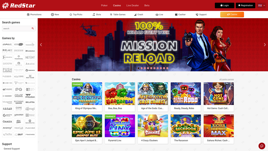 Red Star Casino Desktop Homepage