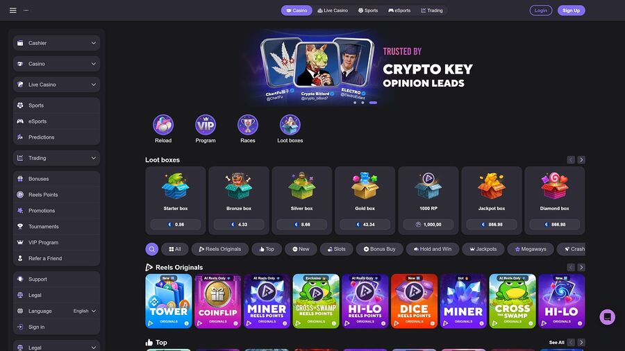 Página de inicio de escritorio del casino Reels.io