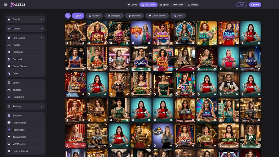 Casino Reels.io para escritorio con crupier en vivo
