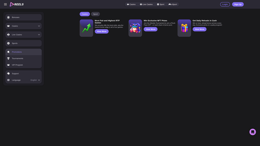 Reels.io Casino Promotions Desktop