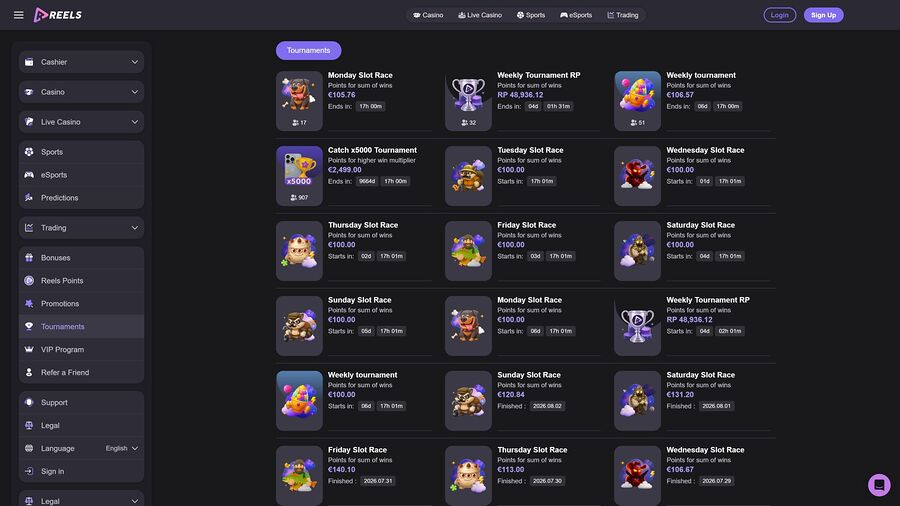 Torneos de casino para ordenador en Reels.io