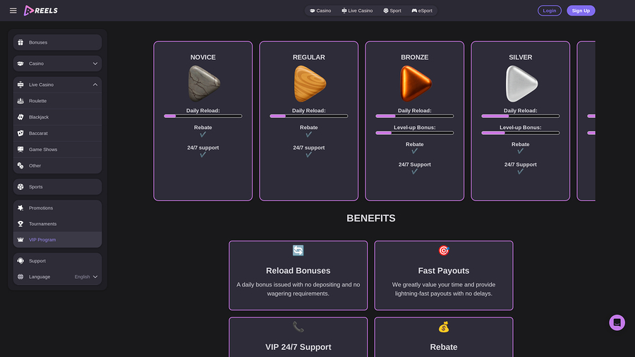 Reels.io Casino VIP Desktop