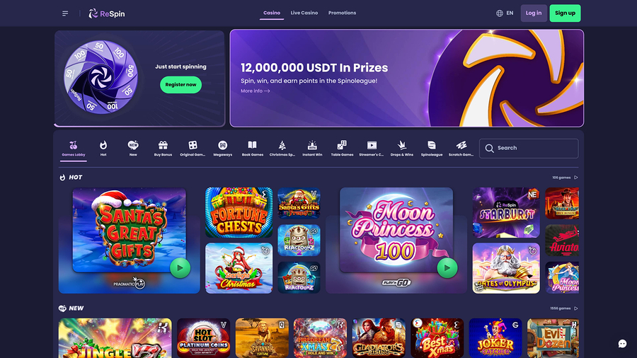 ReSpin Casino Desktop Homepage