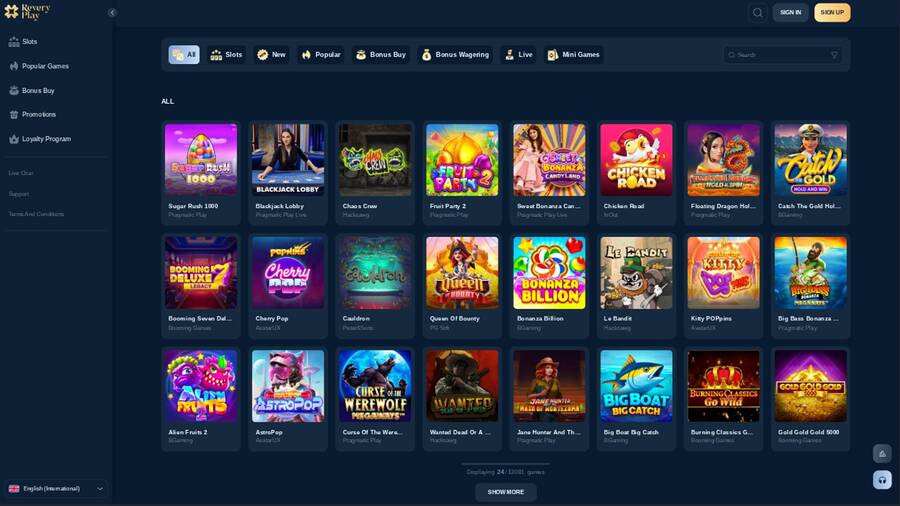 Games page screenshot of Reveryplay Casino