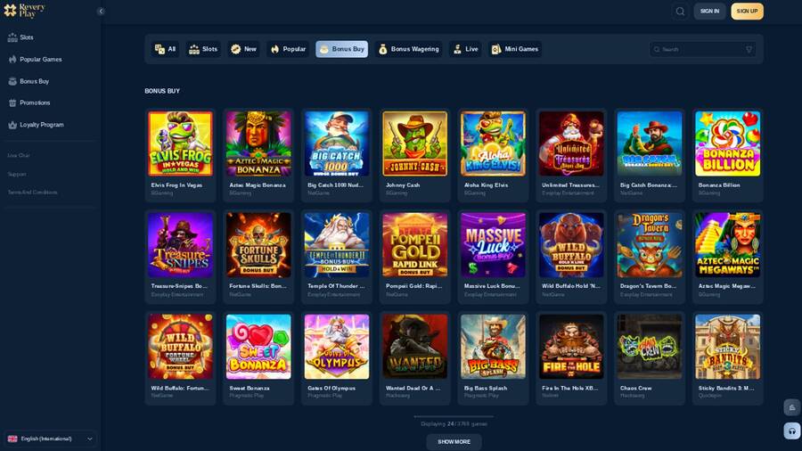 Bonus-buy page screenshot of Reveryplay Casino